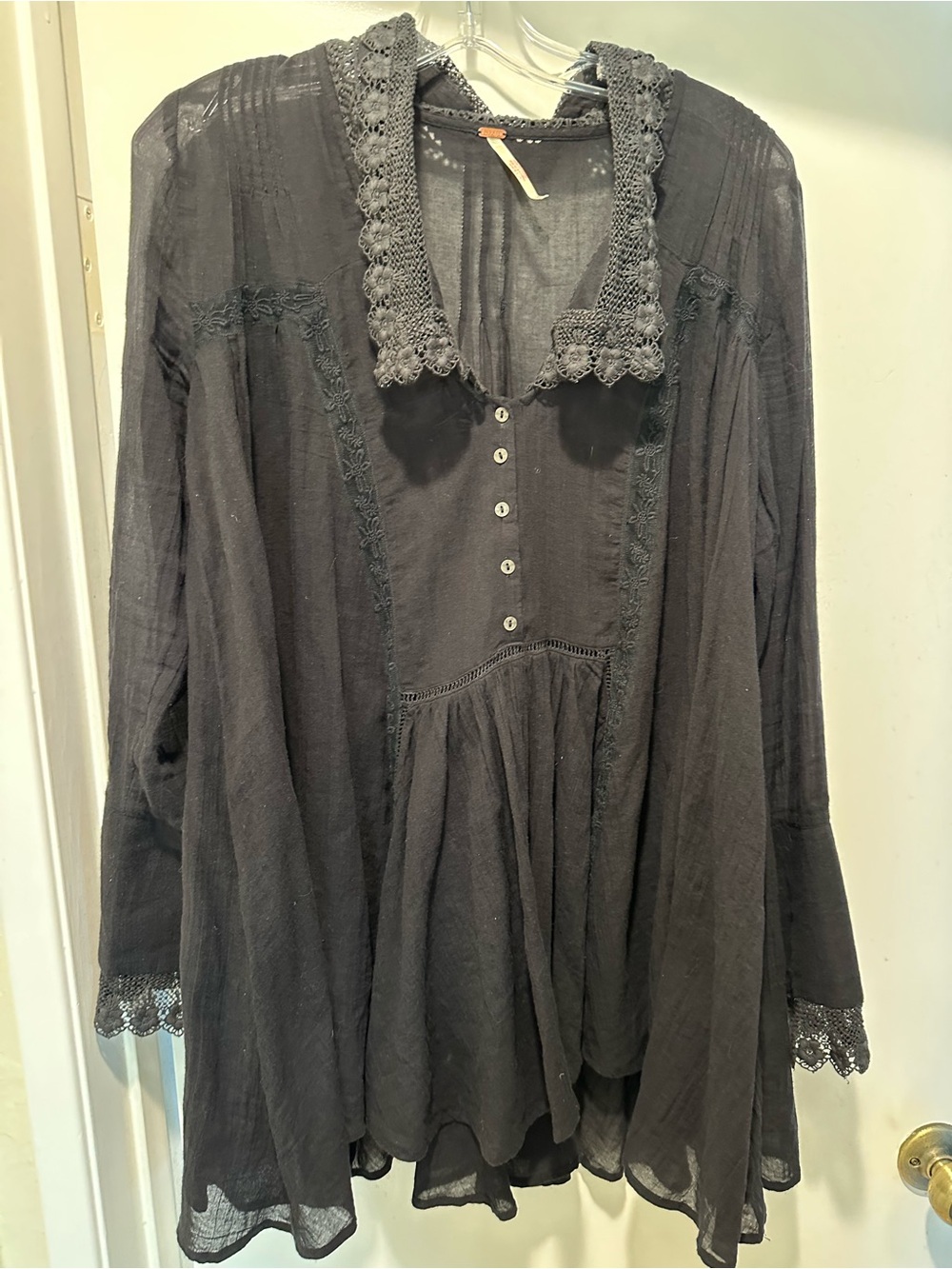 Free People Black Crochet-Trim Peasant Blouse